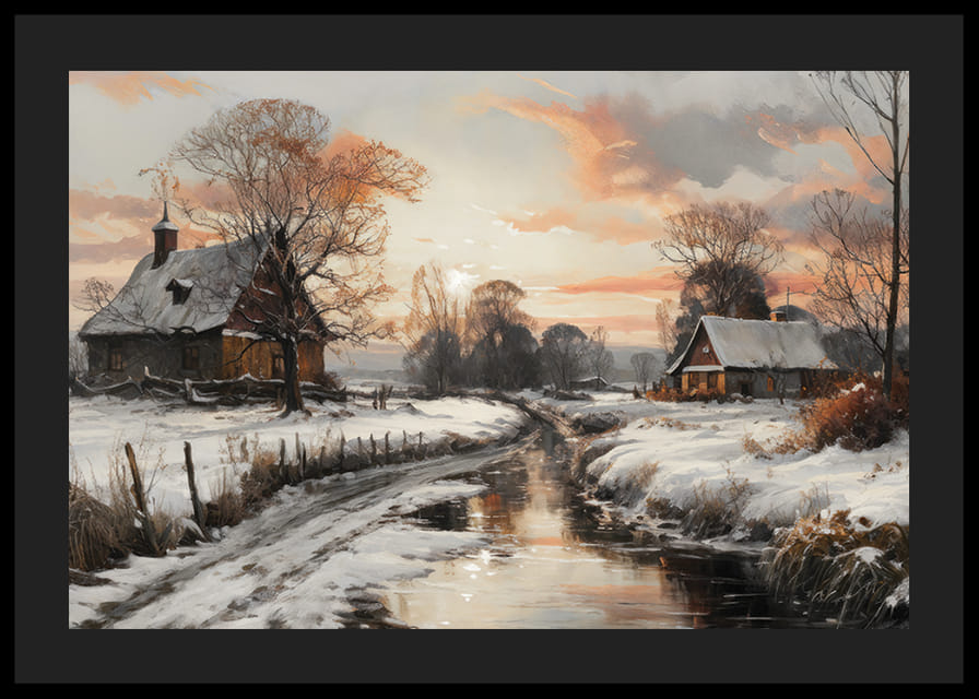 Un cartel que representa un pueblo invernal bajo la cálida luz del atardecer con un arroyo tranquilo-12