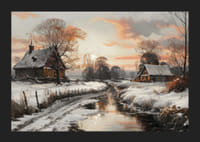 Un cartel que representa un pueblo invernal bajo la cálida luz del atardecer con un arroyo tranquilo-5