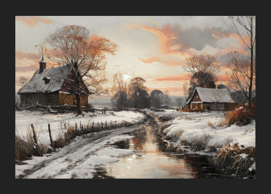 Un cartel que representa un pueblo invernal bajo la cálida luz del atardecer con un arroyo tranquilo-12