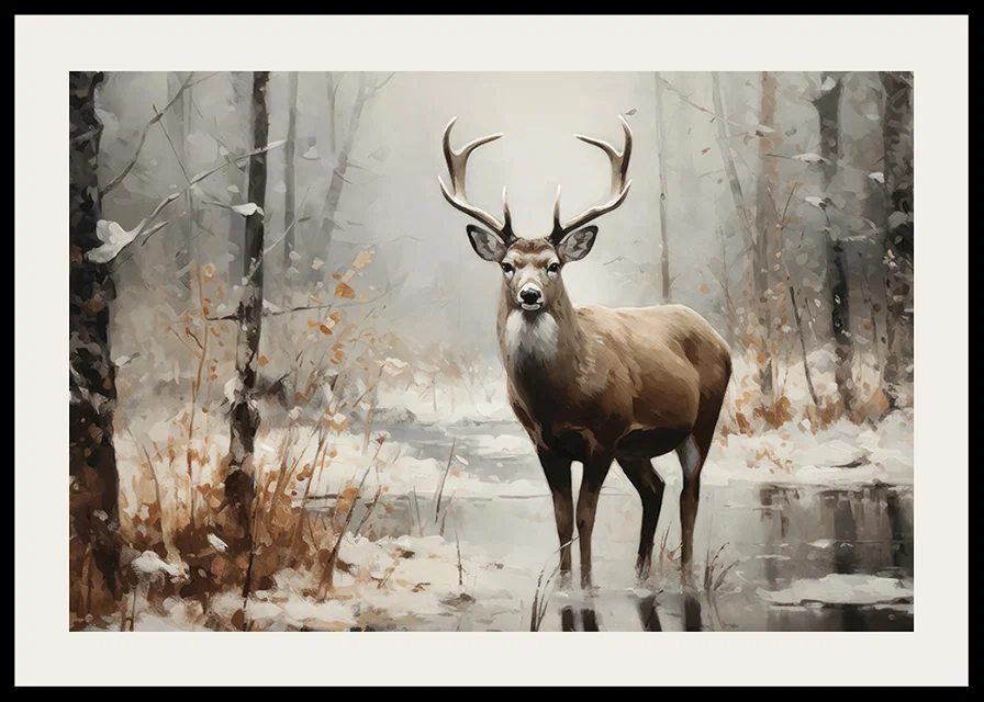 En poster som visar en ståtlig hjort i en fridfull snötäckt skog-12