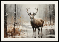 Plagát zobrazujúci majestátneho jeleňa v pokojnom zasneženom lese-2