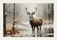 Plagát zobrazujúci majestátneho jeleňa v pokojnom zasneženom lese-3