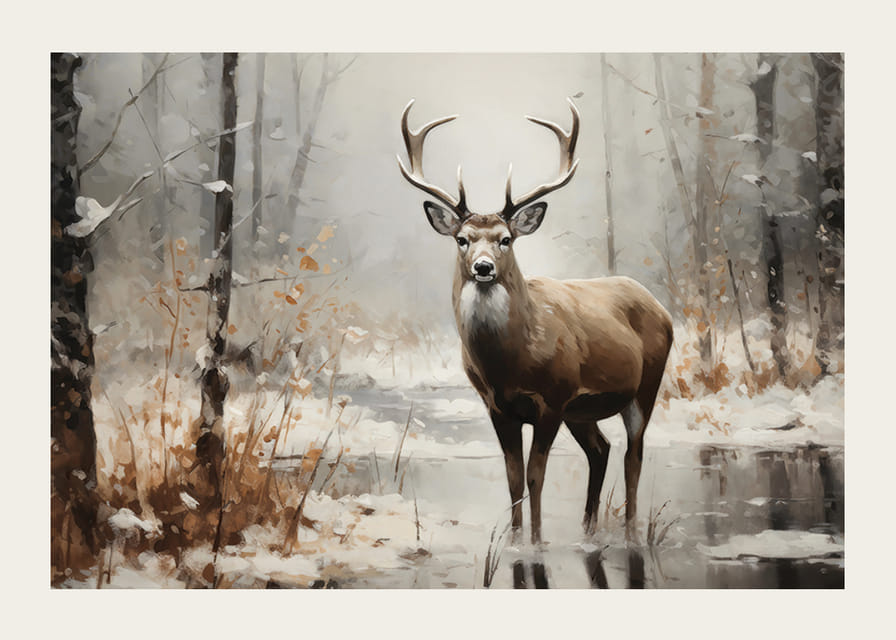 Plagát zobrazujúci majestátneho jeleňa v pokojnom zasneženom lese-12