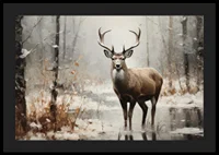 En poster som visar en ståtlig hjort i en fridfull snötäckt skog-4