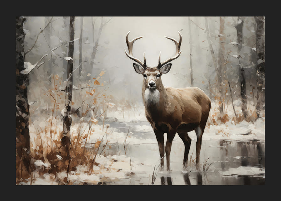 Plagát zobrazujúci majestátneho jeleňa v pokojnom zasneženom lese-12