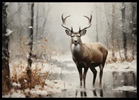 En poster som visar en ståtlig hjort i en fridfull snötäckt skog-6