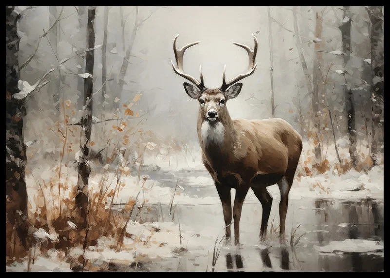 En poster som visar en ståtlig hjort i en fridfull snötäckt skog-12