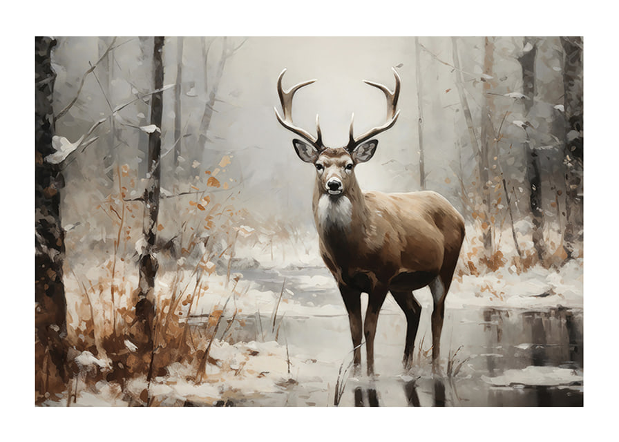 A poster depicting a majestic deer in a peaceful snow-covered forest-12