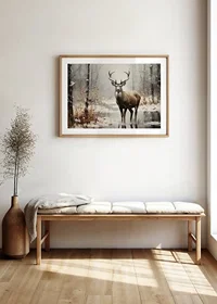 En poster som visar en ståtlig hjort i en fridfull snötäckt skog-8
