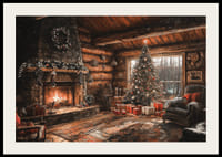 Un poster che mostra una capanna di tronchi decorata a Natale con un caminetto scoppiettante-2