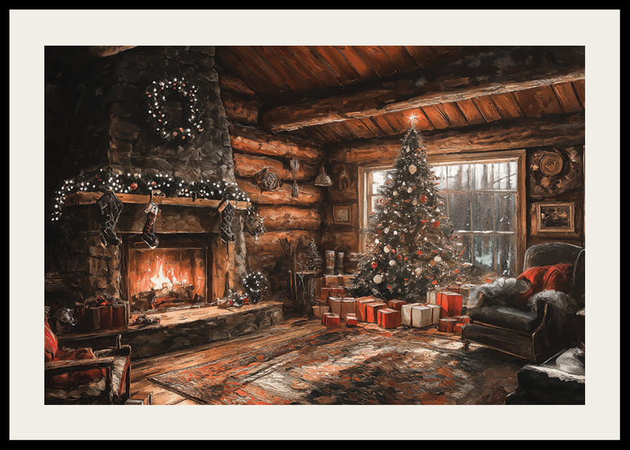 Un poster che mostra una capanna di tronchi decorata a Natale con un caminetto scoppiettante-12