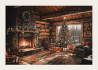 Un poster che mostra una capanna di tronchi decorata a Natale con un caminetto scoppiettante-3