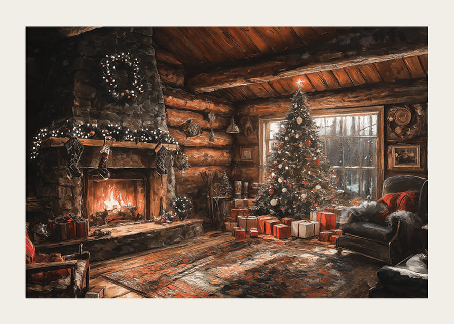 Un poster che mostra una capanna di tronchi decorata a Natale con un caminetto scoppiettante-12