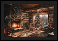 Un poster che mostra una capanna di tronchi decorata a Natale con un caminetto scoppiettante-4