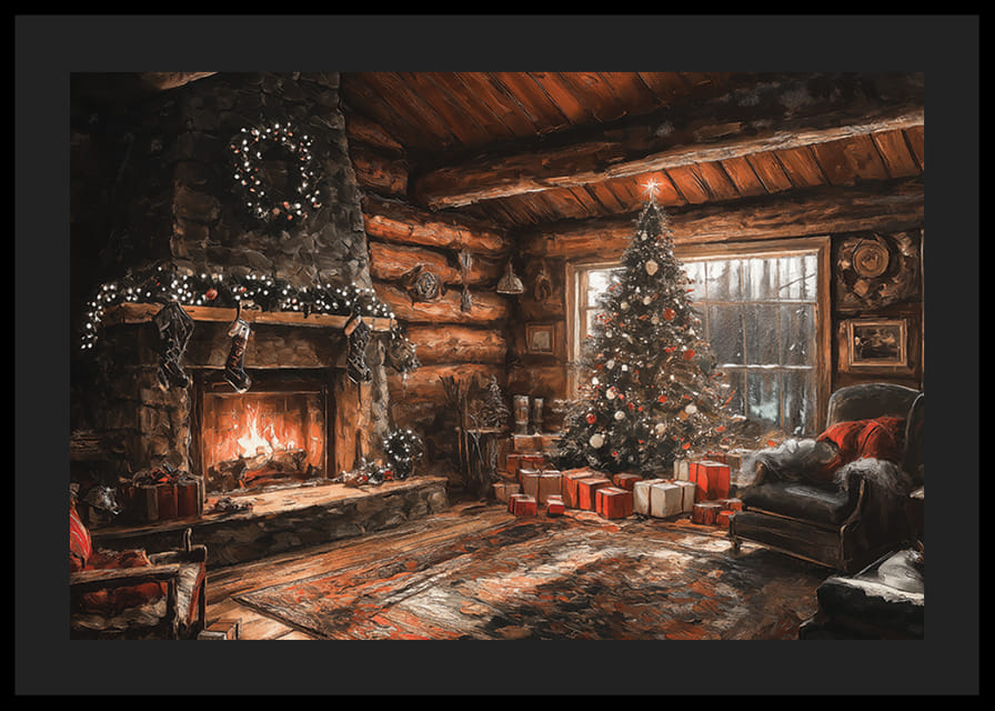 Un poster che mostra una capanna di tronchi decorata a Natale con un caminetto scoppiettante-12