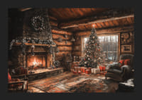 Un poster che mostra una capanna di tronchi decorata a Natale con un caminetto scoppiettante-5