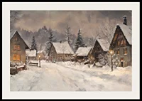 A poster depicting a picturesque winter village in the warm light of dusk-2