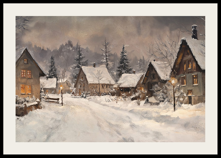 Um cartaz representando uma pitoresca aldeia de inverno à luz quente do crepúsculo-12