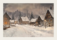 Um cartaz representando uma pitoresca aldeia de inverno à luz quente do crepúsculo-3