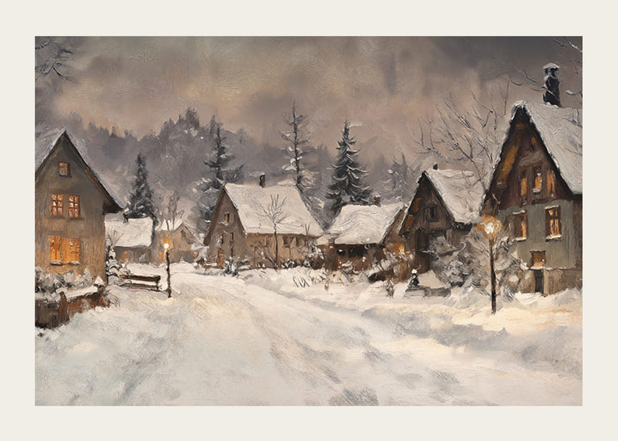 Um cartaz representando uma pitoresca aldeia de inverno à luz quente do crepúsculo-12