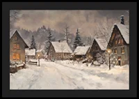 A poster depicting a picturesque winter village in the warm light of dusk-4