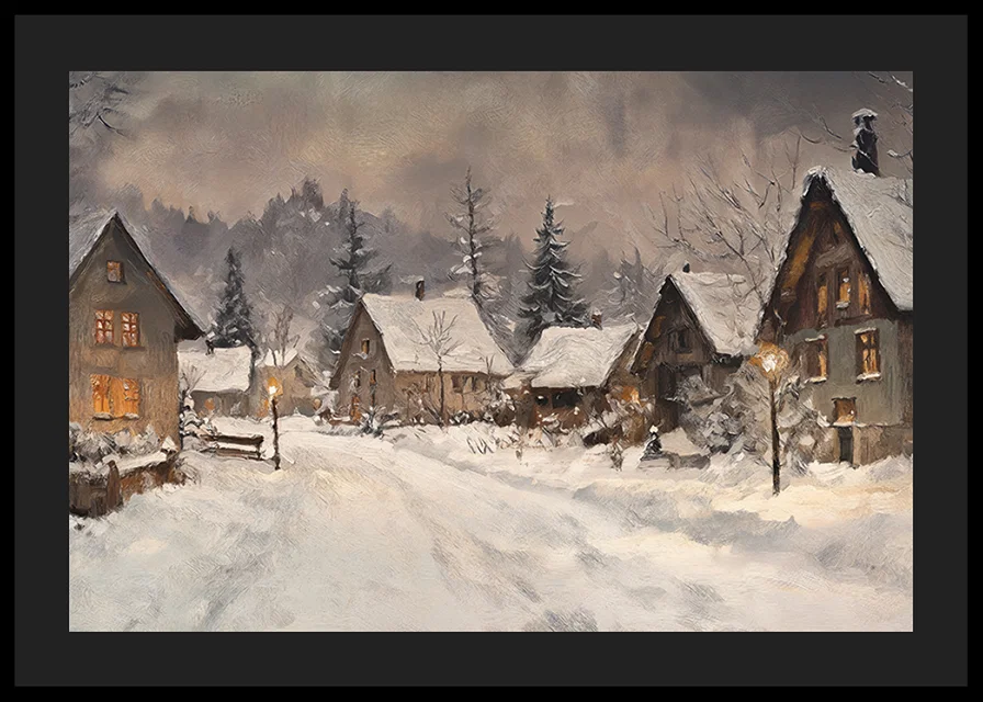 A poster depicting a picturesque winter village in the warm light of dusk-12