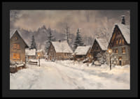 Um cartaz representando uma pitoresca aldeia de inverno à luz quente do crepúsculo-4