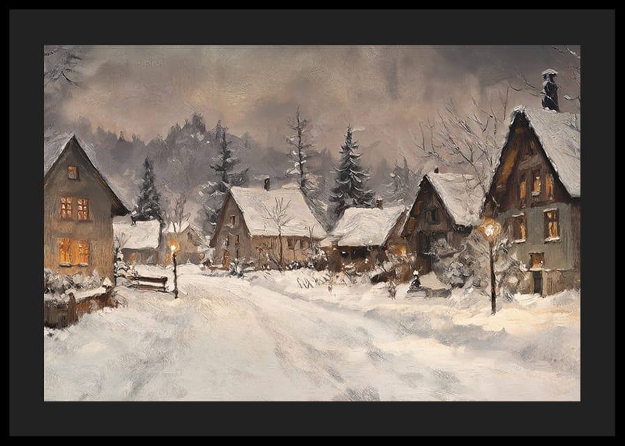 Um cartaz representando uma pitoresca aldeia de inverno à luz quente do crepúsculo-12