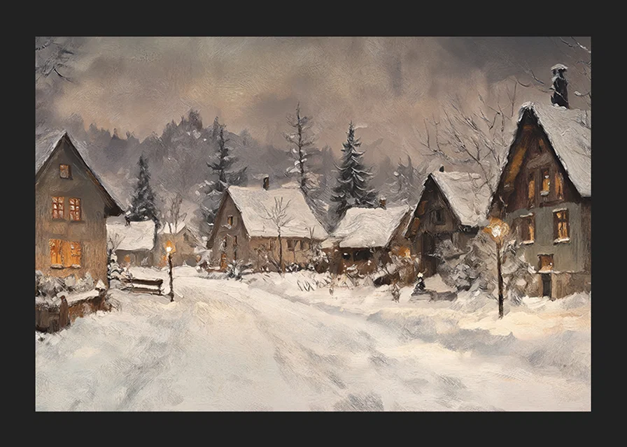A poster depicting a picturesque winter village in the warm light of dusk-12