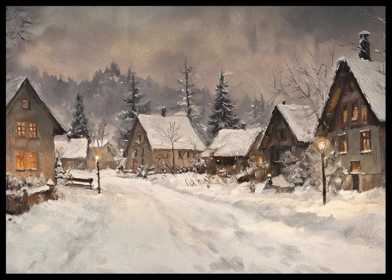 A poster depicting a picturesque winter village in the warm light of dusk-12