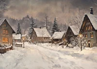 A poster depicting a picturesque winter village in the warm light of dusk-7