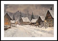 A poster depicting a picturesque winter village in the warm light of dusk-0