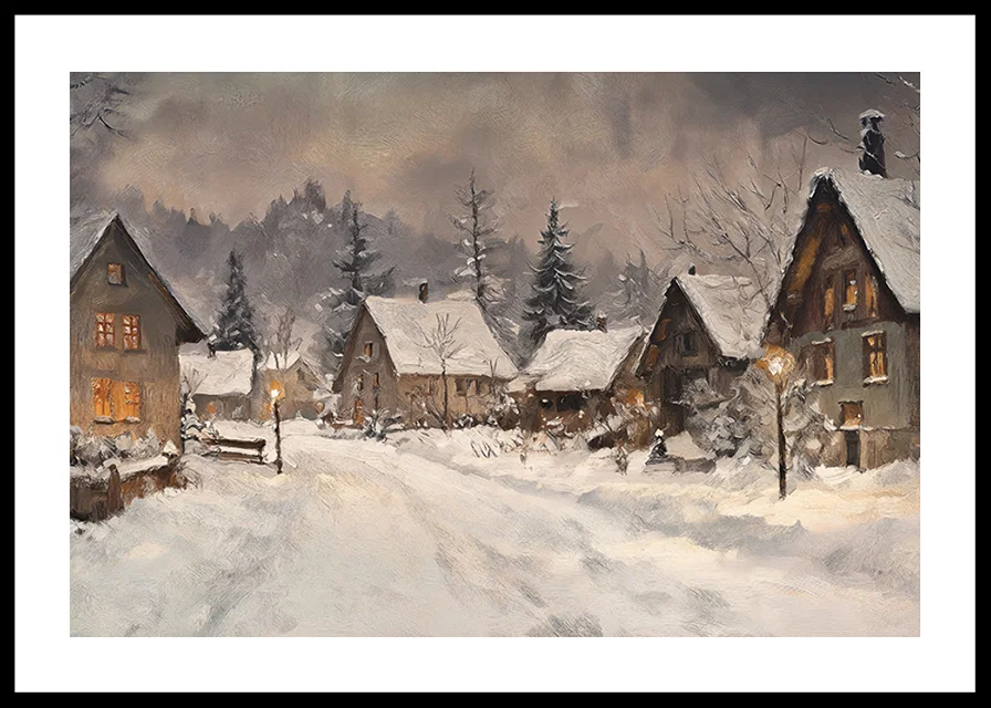 A poster depicting a picturesque winter village in the warm light of dusk-12
