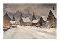 A poster depicting a picturesque winter village in the warm light of dusk-1
