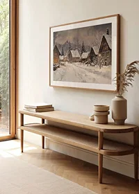 A poster depicting a picturesque winter village in the warm light of dusk-8