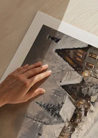 A poster depicting a picturesque winter village in the warm light of dusk-9