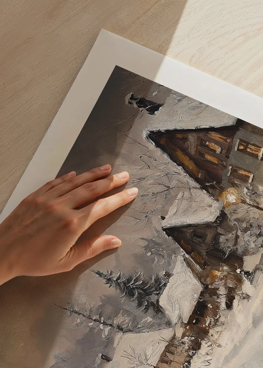 A poster depicting a picturesque winter village in the warm light of dusk-12