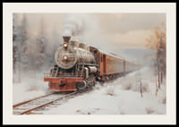 En plakat som viser et damplokomotiv på snødekte spor-2