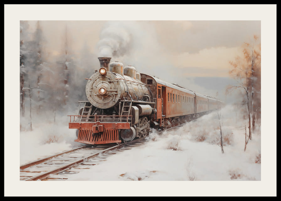 En plakat som viser et damplokomotiv på snødekte spor-12
