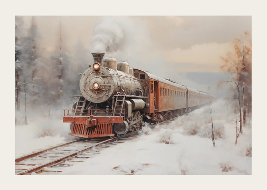 En plakat som viser et damplokomotiv på snødekte spor-12