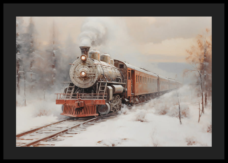 En plakat som viser et damplokomotiv på snødekte spor-12