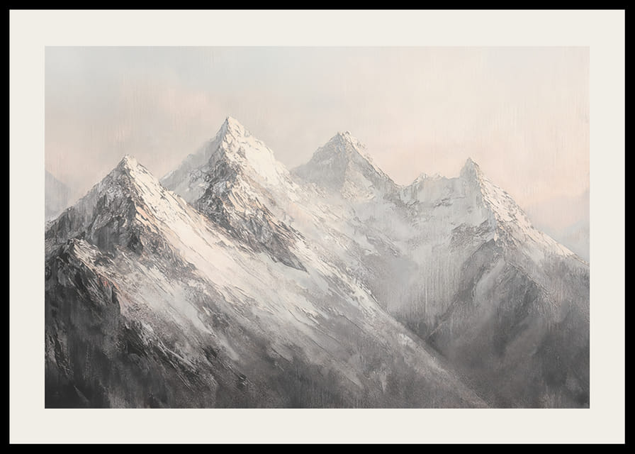 Plagát zobrazujúci majestátnosť zasnežených vrcholkov hôr v zasnenom a pokojnom svetle-12