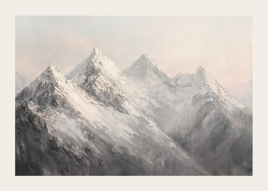 Plagát zobrazujúci majestátnosť zasnežených vrcholkov hôr v zasnenom a pokojnom svetle-12