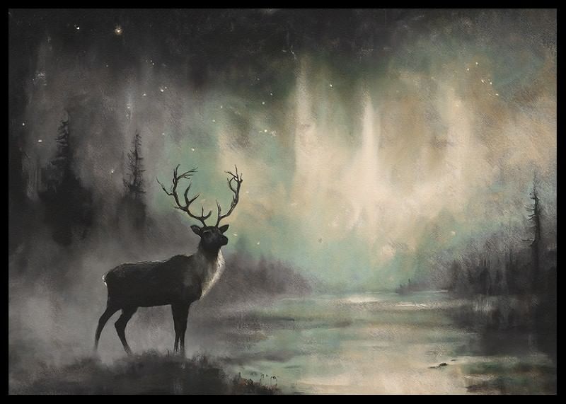 En poster som visar en majestätisk hjort under norrskenet-12