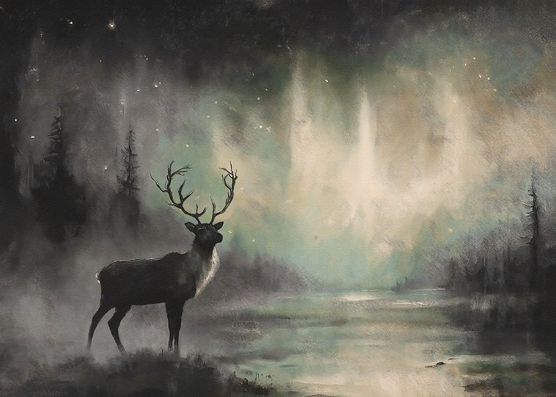 En poster som visar en majestätisk hjort under norrskenet-12