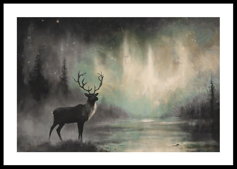 En poster som visar en majestätisk hjort under norrskenet-12