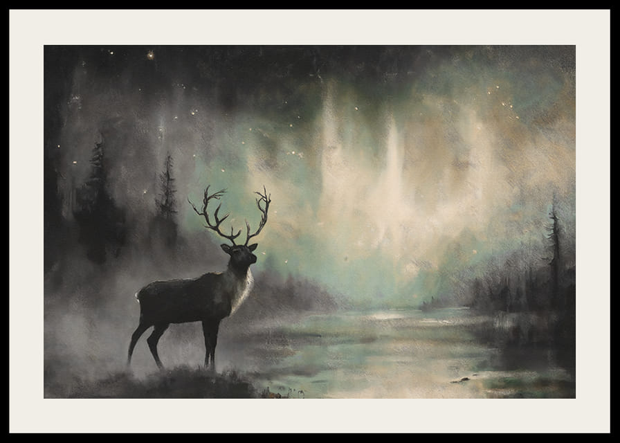 Egy poszter, amelyen egy fenséges szarvas látható az északi fény alatt-12