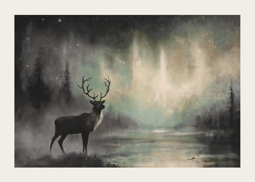 Egy poszter, amelyen egy fenséges szarvas látható az északi fény alatt-12