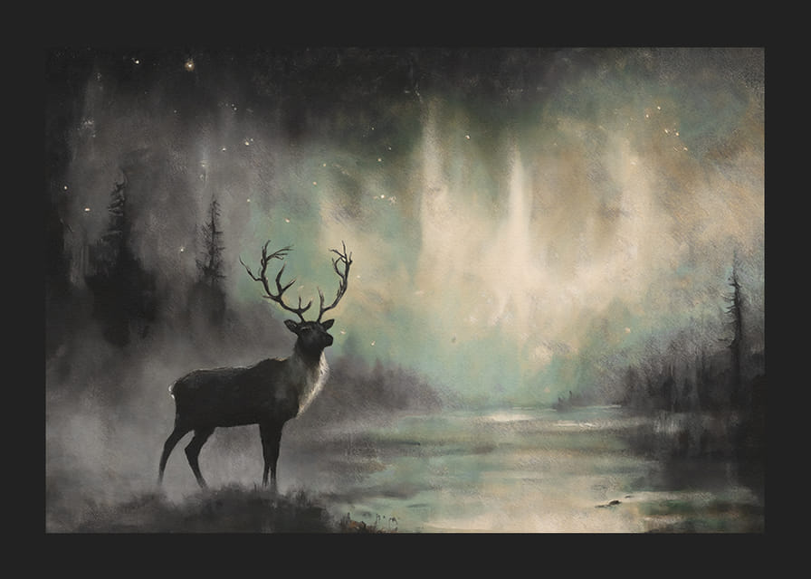 Egy poszter, amelyen egy fenséges szarvas látható az északi fény alatt-12