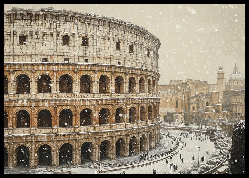 A poster showing the Colosseum in an unusual winter outfit-12